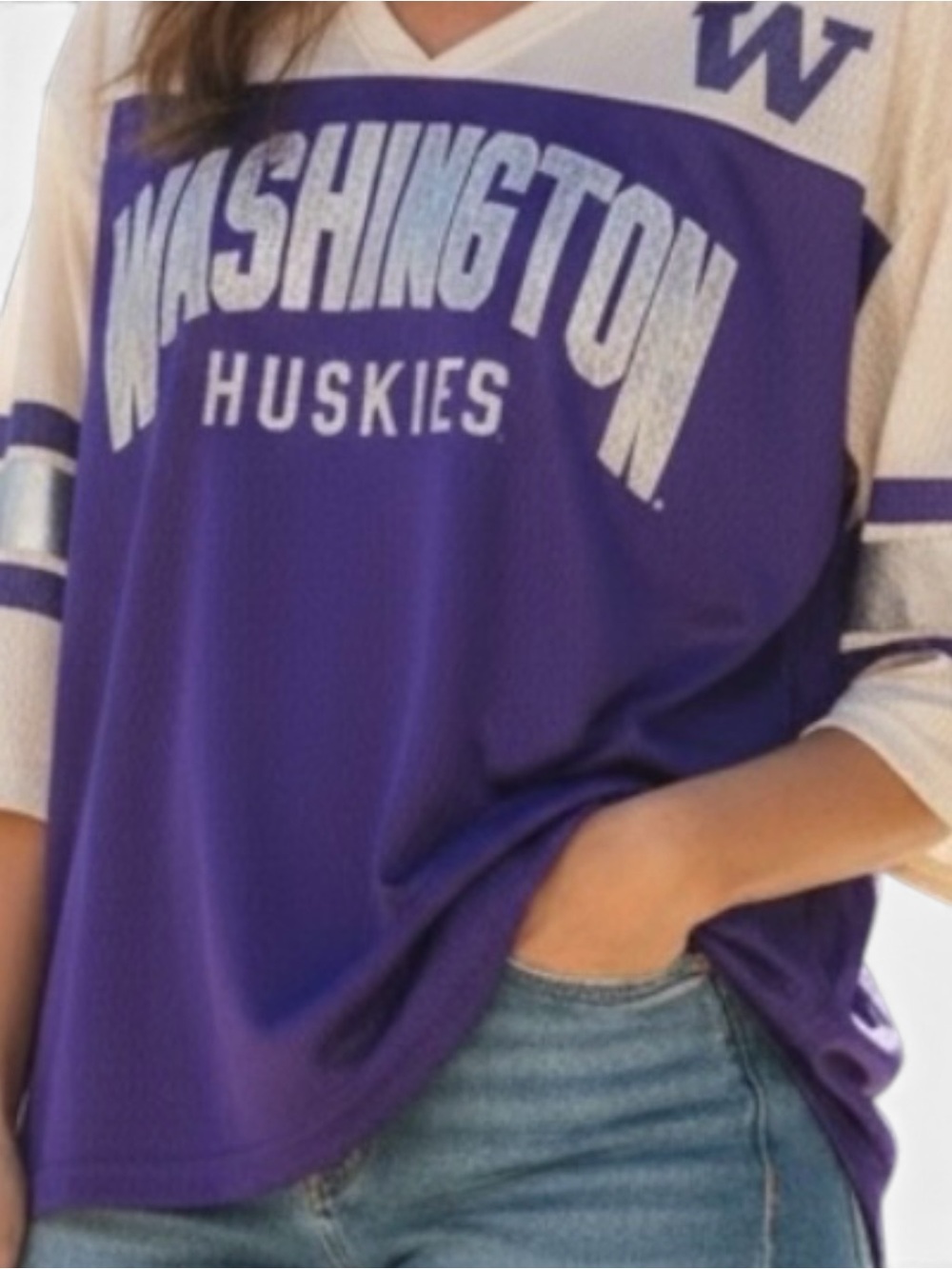 Collegiate UW Huskies Football Dawgs Mesh Shimmer Purple & Gold V-Neck Plus 2X